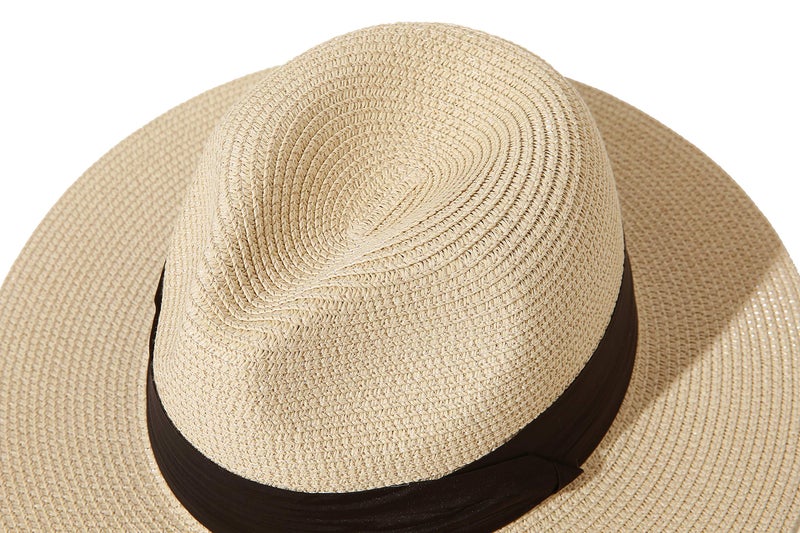 Lanzom Women Wide Brim Straw Panama Roll up Hat Fedora Beach Sun Hat UPF50+ (B-Khaki) - Image 4